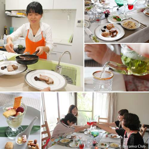 華やかな盛り付けのデザートとフレッシュなハーブティーに歓声が！サプライズもいっぱい