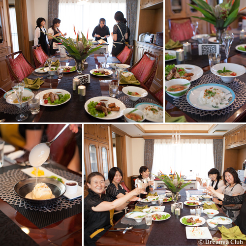 ころあいを見て、最後のデザートをサーブし説明を。一工夫ある盛り付けや演出も学べます