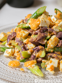 豆腐とホタルイカ、アスパラガスのサラダ　人参ドレッシング