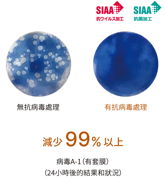 有抗病毒處理:減少99%以上。病毒A-1（有套膜）（24小時後的結果和狀況）