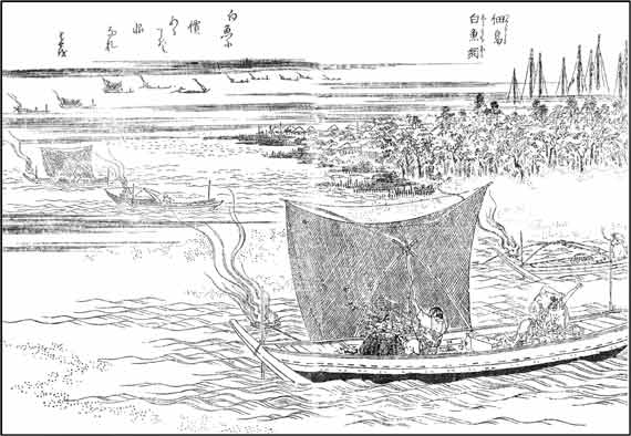 『江戸名所図会』 佃島　白魚網　(かがり火を焚きながら四ツ手網で白魚を捕った)
