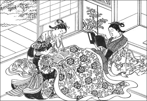 『絵本常磐草』享保15年(1730)　こたつで本を読む女性たち　　『江戸風俗図絵』(柏書房)より